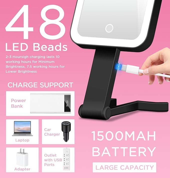 EAONE Travel Makeup Mirror with Lights, Double Sided Magnifying Vanity Mirror 10X/1X with 3 Color Lighting & Dimmable Touch Screen, Compact Handheld Cosmetic Mirror for Bathroom, Women Gifts (Black)