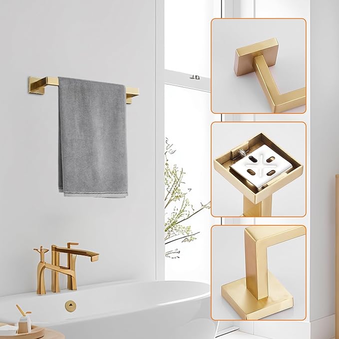 Bathroom Hardware Set 23.6-Inch Towel Bar,2pcs Towel Hook,Toilet Paper Holder,Hand Towel Holder Stainless Steel Brushed Gold Bathroom Accessories GTS3190BG…