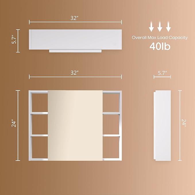 Bathroom Cabinet with Mirror, Wall Cabinet with 2 Mirrored Doors, Adjustable Shelf, Open Compartment, Wall-Mounted, 24x32 Inches, White (Assembly Required)