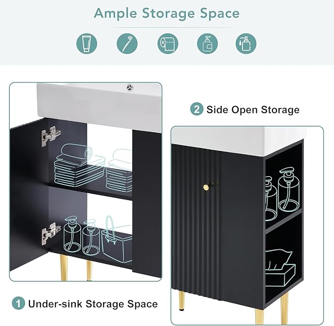 Virubi 21.6 in Small Bathroom Vanity with Sink,Doors and Storage Shelves,Wood Modern Single Fluted Bathroom Sink Cabinet Freestanding (Black,Right Shelf)