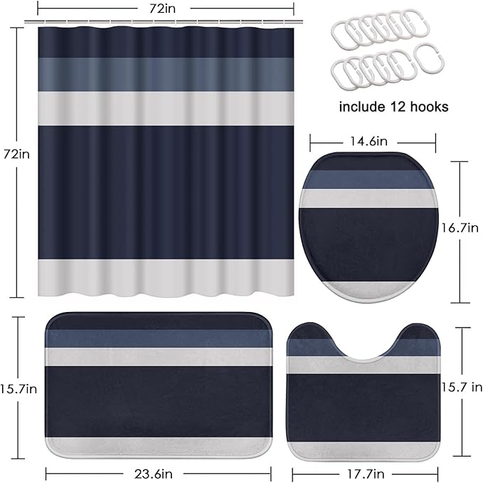 Striped Blue Shower Curtain Set with Toilet Lid Cover and Non-Slip Rugs for Bathroom, Minimalist Navy Geometric 4 Pcs Shower Curtain, Modern Bathroom Set with 12 Hooks