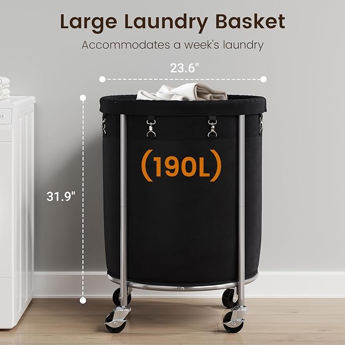 ELYKEN 190L Laundry Basket with Wheels, Large Rolling Laundry Hamper with Removable Liner Bag, Round Rolling Laundry Cart, Dirty Clothes Hamper for Hotel, Home, Closet, Dorm, Black