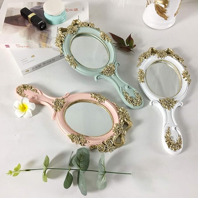Vintage Hand Held Mirror, Vanity Rose Gold Makeup Mirror, Compact Travel Handheld Mirros, Gift for Mom, Wife, Girl Friend, Pink