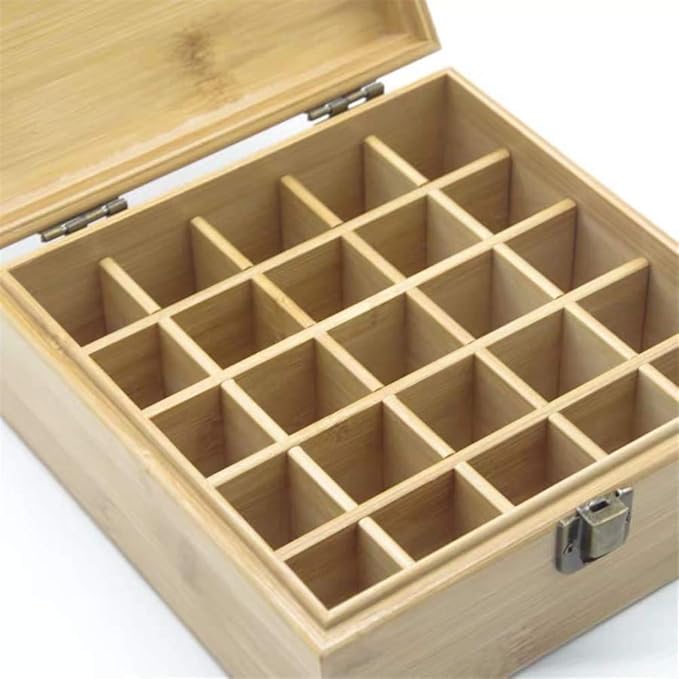 Pure Vie Bamboo Essential Oil Storage Box Travel Organizer Case with Bottle Cap Label - Aromatherapy Nail Polish Fragrance Container, Holds 25 Bottle for 5-15ml - Keep Scented Oil Safe & Space Saver