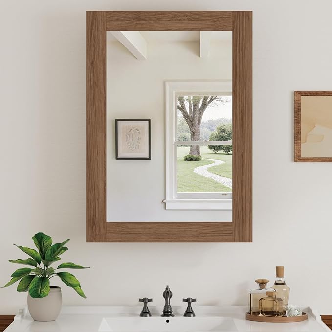 24 x 30 Inch Walnut Grain Medicine Cabinet with Mirror, Recessed or Wall-Mounted Wood Storage Cabinet for Bathroom, Adjustable Shelves, Soft-Close Hinges, Rectangle