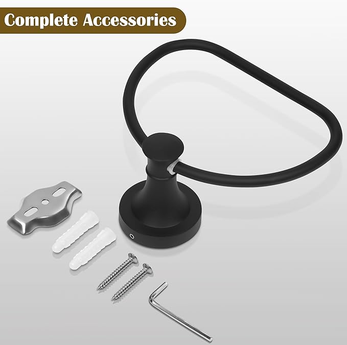 Black Bathroom Hand Towel Holder, Matte Black Towel Ring Holder, Wall Mounted Towel Rack Hanger Home Half Round Bathroom Hardware Accessory Modern