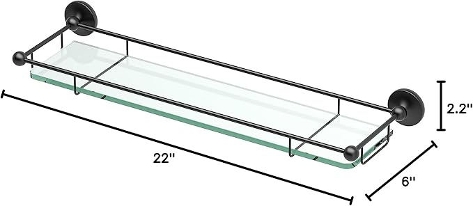 Gatco 1465MX Premier Tempered Glass Shelf, Matte Black/Wall Mounted 22" X 6" Floating Rectangle Glass Shelf with Railing for Bathroom Storage