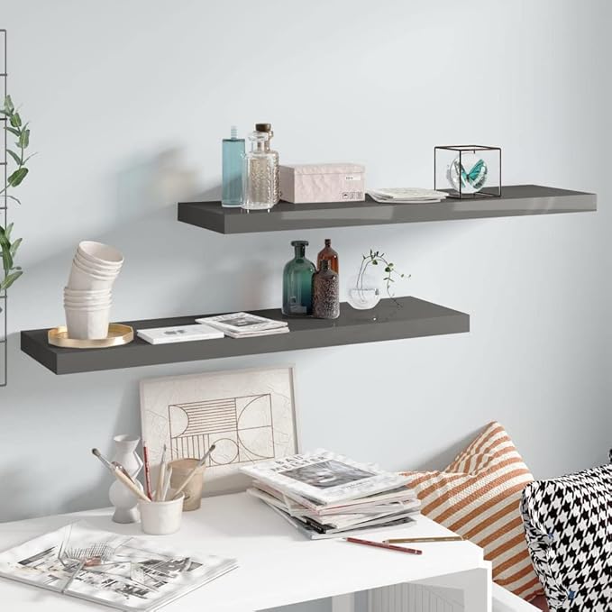 Floating Wall Shelves 2 Pack Modern High Gloss Gray Display Rack 35.4x9.3 Inches MDF Board for Living Room Bedroom Office Decor Storage Organizer