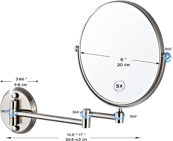 8" Double Sided Magnifying Wall Makeup Mirror, Bathroom 5X Wall Mounted Shower Mirror, 360 Swivel Extendable Arm Cosmetic Mirror, Brass Material Brushed Nickel Finish