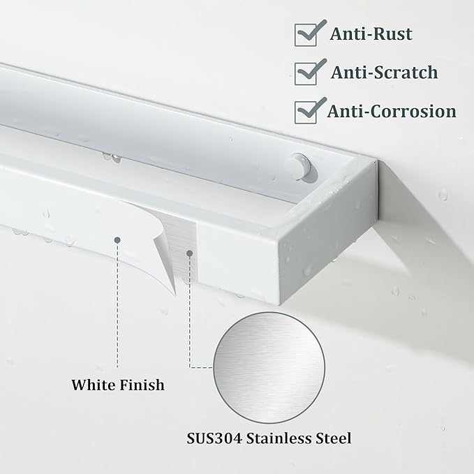 Sayayo White Towel Bar for Bathroom, 12 Inch Hand Towel Holder Wall Mount, Screw or Self Adhesive Towel Ring Square SUS304 Stainless Steel, 3.2 Inch Wide