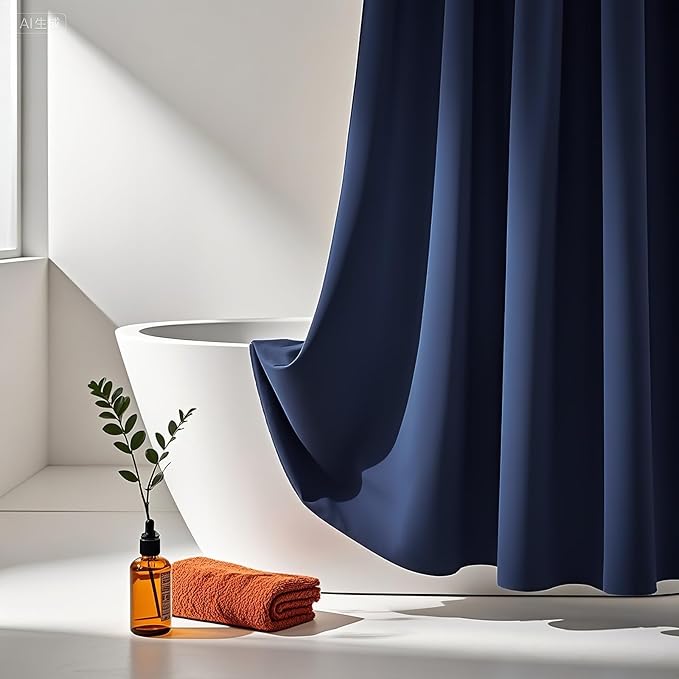 AooHome 72 Width x 96 Height inch Fabric Shower Liner, Extra Long Solid Color Shower Curtain with Hooks, Weighted Hem, Waterproof, Navy Blue