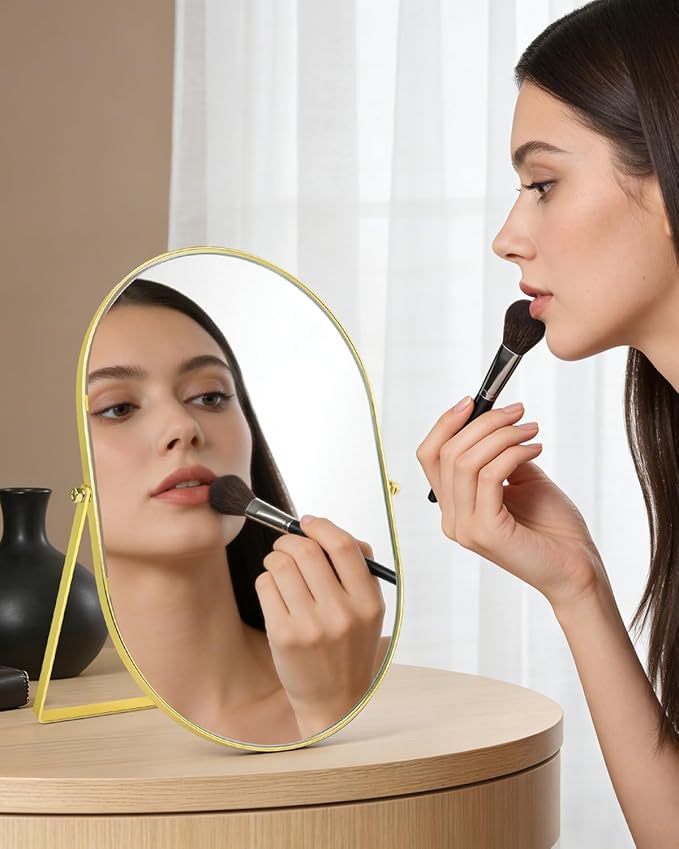 Vanity Desk Table Mirror, Adjustable Rotation Oval Tabletop Standing Makeup Mirror with Metal Framed for Living Room, Bedroom, Bathroom, Gold