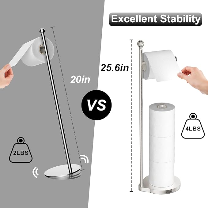 KASUNTO Toilet Paper Holder for Bathroom, Heavy Weighted Metal Free Standing Toilet Paper Storage with Crystal Ball, Toilet Paper Stand for Bathroom Accessories, Brushed Nickel [Holds MEGA Rolls]