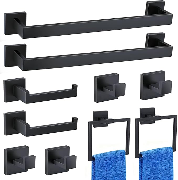 Matte Black Bathroom Hardware Accessories Set of 10 Pieces, 15.6 Inch Bath Towel Bar Set, 304 Stainless Steel Bathroom Hardware Set, Towel Racks for Bathroom Wall Mounted