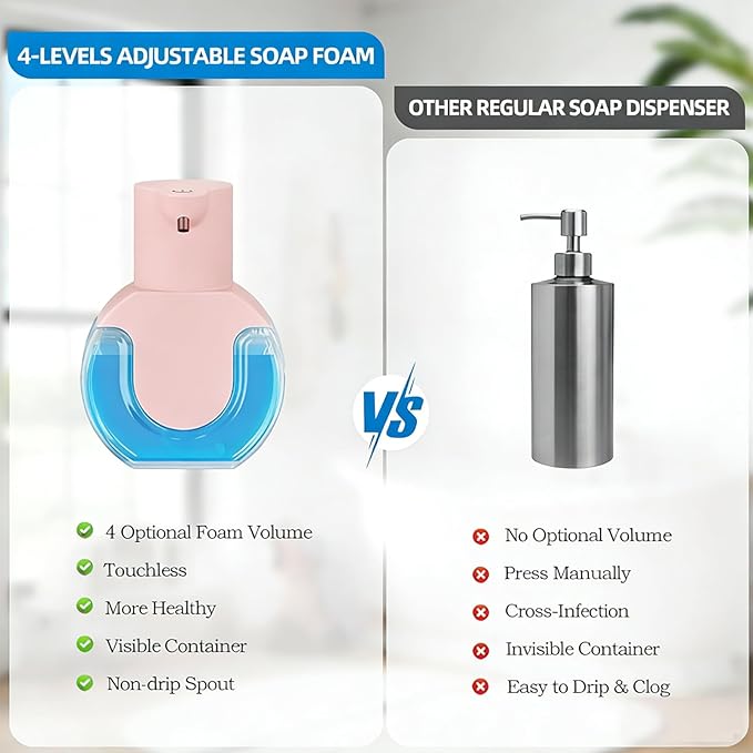 Automatic Soap Dispenser Touchless,Rechargeable Foaming Soap Dispenser,15oz/420ml Smart Hand Soap Dispensers,4-Level Adjustable,Wall Mount for Bathroom Kitchen Dish Soap,Hands-Free (Pink)