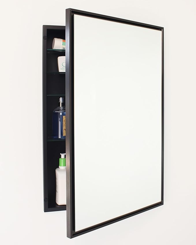 Fox Hollow Furnishings 20x30 Parker Metro Metal Framed Rectangle Recessed Bathroom Medicine Cabinet, Floating Mirror, 18x28 in-Wall Opening, Steel, Adjustable Glass Shelves, Magnet Close, Black