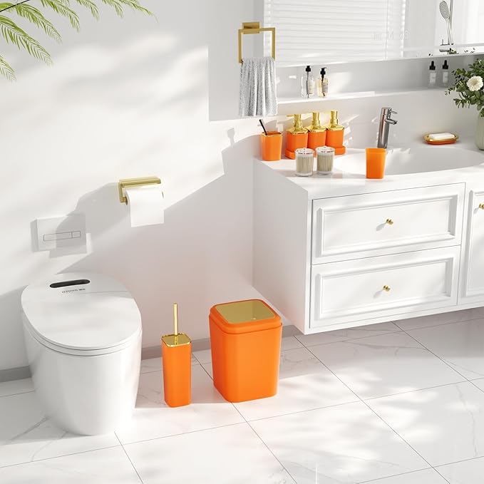 Bathroom Accessories Set - 27PC Bathroom Sets with Shower Curtain and Rugs, Orange Bathroom Set, Orange Bathroom Accessory Set with Trash Can, Toilet Brush & 3 PC Soap Dispensers