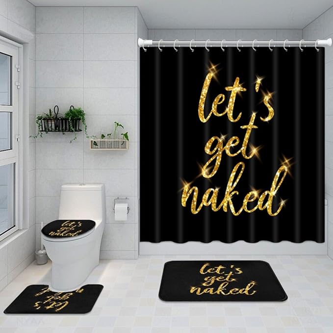ArtSocket 4PC Gold Let's Get Naked Shower Curtain Sets Yellow and Black Bathroom Decor with Rugs, Non-Slip Rug,Toilet Lid Cover, Bath Mat and 12 Hooks 72x72 inches