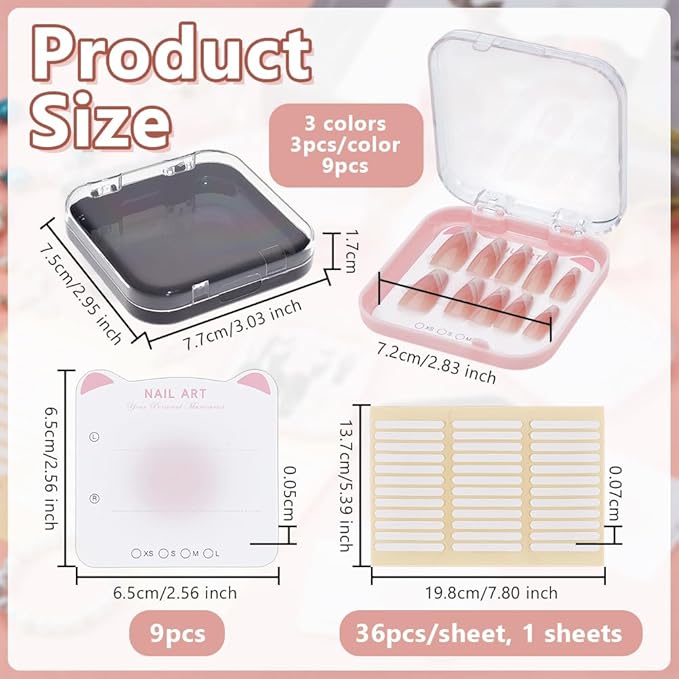 OLYCRAFT 9Pcs Press On Nail Storage Box Artificial Nail Display Case Nails Storage Container Box with 9Pcs Displaying Card and 36Pcs Adhesive Tape for Home Salon Fake Nails Organize and Display
