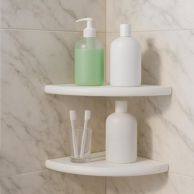 Chunful 2 Pcs White Marble Corner Shower Shelf for Bathroom 9 x 9 Inch Wall Mounted Both Sides Polished Marble Corner Shelves Shower Caddy for Bathroom Wall(Classic)