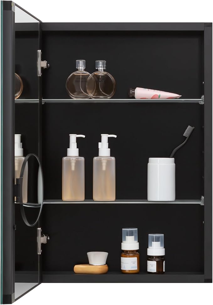 16 x 20 Inch Bathroom Mirror Cabinet, Medicine cabinets for Bathroom，3 Adjustable Shelves, Soft Close Hinges, 3X Movable Magnifier, Black Medicine Cabinet