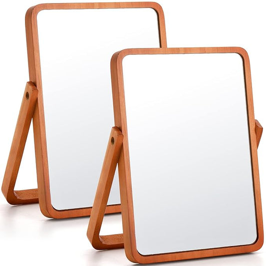 DEAYOU 2 Pack Vanity Mirror with Wood Stand, 360 Degree Rotation Makeup Mirror, 10" Rectangle Standing Swivel Cosmetic Mirror, Portable Wood Tabletop Mirror for Hanging, High-Definition, Pine