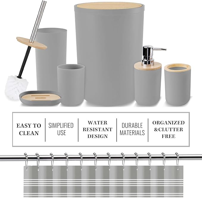 Britimes Bathroom Accessories Set, Grey Shower Curtain Set with Trash Can, Soap Dispenser, Toilet Brush Holder, Toothbrush Holder and Toothbrush Cup for Bathroom Decor