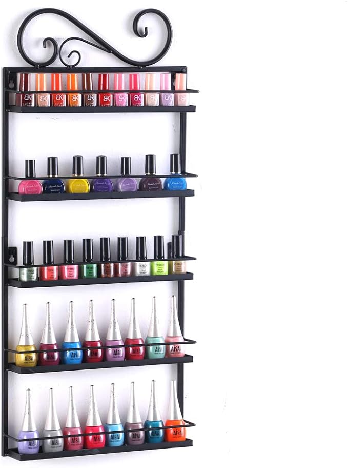DAZONE DIY Metal Nail Polish Mountable 5 Tier Organizer Nail Polish Wall Rack Organizer Holds 50 Bottles Nail Polish (Black)
