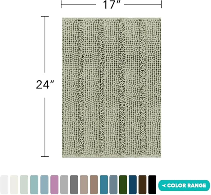Turquoize Luxury Chenille Bath Rug for Bathroom Rugs Extra Absorbent Bath Mat Non Slip Microfiber Shower Rugs for Bathroom Microfiber Shaggy Carpet Rug Size, 17"x 24", Eucalyptus