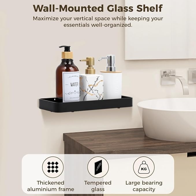 Wall-Mounted Rectangular Tempered Glass Shelf, Bathroom Glass Shelf, Floating Shelf for Bathroom, Glass Storage Organizer with Aluminum Frame for Kitchen Bathroom