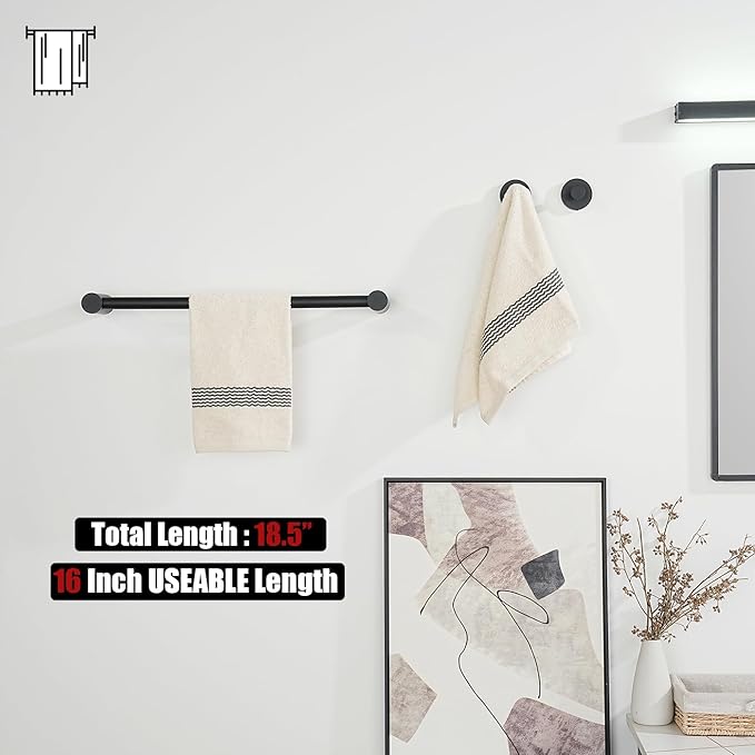JQK Towel Bar Black, 18.5 Inch 304 Stainless Steel Thicken 0.8mm 2 Pieces Towel Rack Bathroom Wall Mount, Useable Length 16 Inch, TB610L16-PB