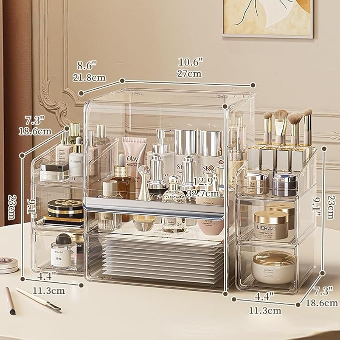 Makeup Organizer with Lid Drawers Translucent Skincare Holder Large Capacity Cosmetics Countertop Storage Box for Vanity Easy Visibility Dustproof (Silver Clear,Large + Brush + Cream Organizer)