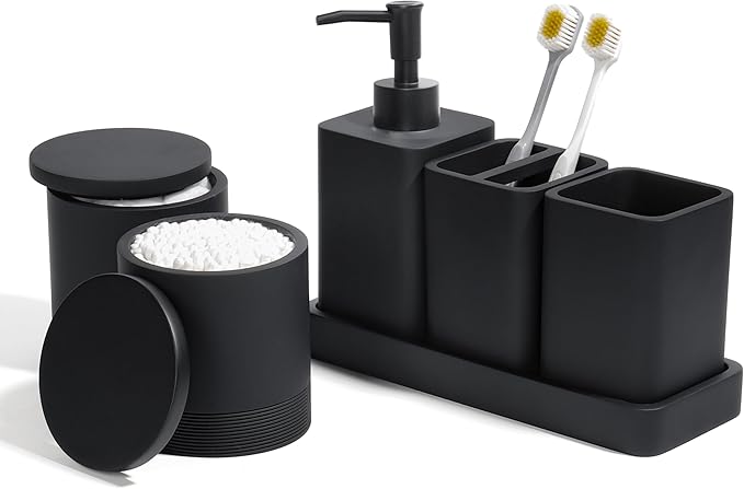 YMXYJM Bathroom Accessories Set, 6 Piece Bathroom Set with Toothbrush Holders, Soap Dispenser, Vanity Tray, Tumbler, Cotton Swab Jars, Bathroom Organizer，Bathroom Sink Sets, Matte Black