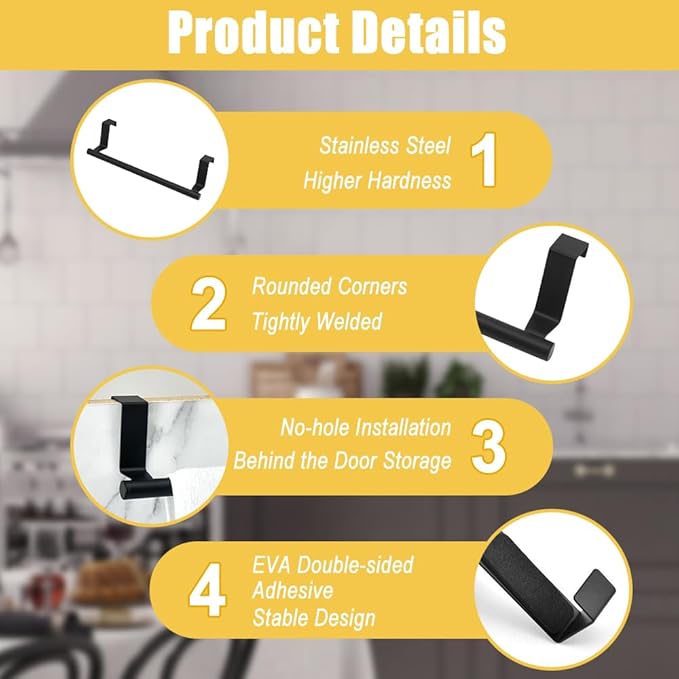 Cabinet Door Towel Bar, Dish Towel Rack for Cabinet, Stainless Steel kitchen Towel Holder, Over the Door Hand Towel Hanger for Kitchen Bathroom Cupboard, 2 Pack (2*Small Black)
