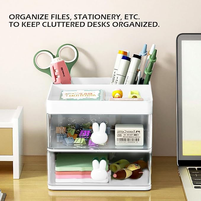 Small Organizer with Drawer Pencil Pen Holder Makeup Case Office Desktop Storage Box Multifunctional Desk Accessories for Office School Home (White)