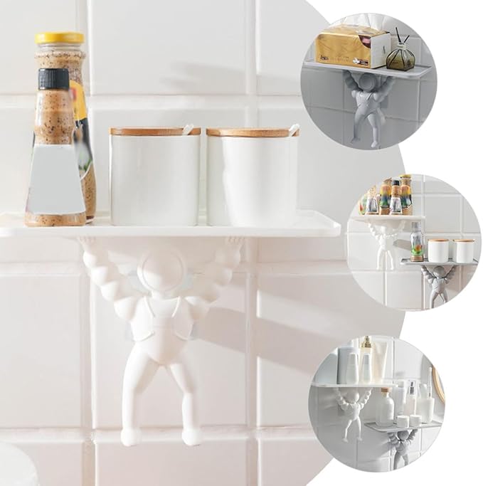 2pcs Wall-Mounted Spaceman Storage Rack Bathroom Shelf No-Drill Hanging Organizer Decorative Bathroom Wall Rack for Shampoo Razor Toothbrush Holder