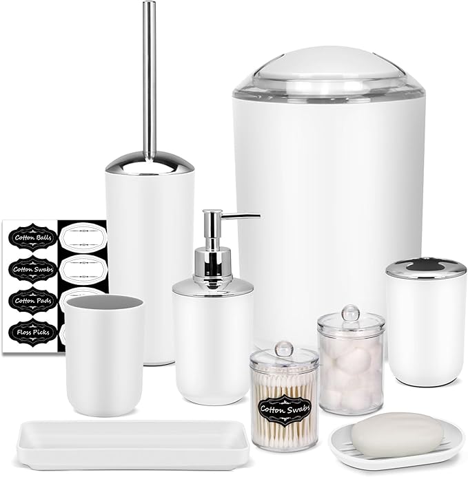 IMAVO Bathroom Accessories Set,White Bathroom Set,9 Pieces Bathroom Accessory Set,Tray,Qtip Holders,Toilet Brush,Trash Can for Bathroom Décor and Home Gifts