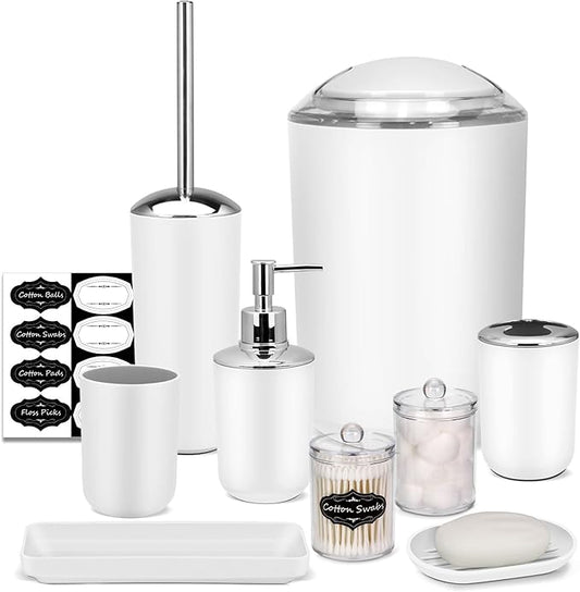 IMAVO Bathroom Accessories Set,White Bathroom Set,9 Pieces Bathroom Accessory Set,Tray,Qtip Holders,Toilet Brush,Trash Can for Bathroom Décor and Home Gifts