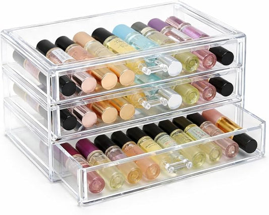 Acrylic Rollerball Perfume Organizer, 3-Layer Drawer Storage 40 Pcs perfume, Transparent Stackable Mini Perfume Holder for Travel/Sample Scentbird