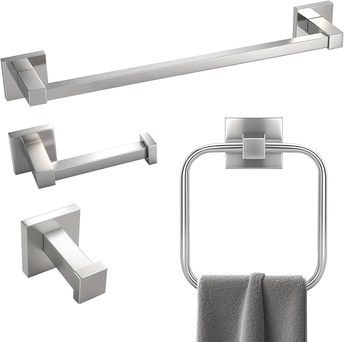 Brushed Nickel Bathroom Hardware Set 4 Piece, Towel Rack Set for Bathroom, Towel Bar Toilet Paper Holder Set SUS304 Stainless Steel -18In Towel Bar, Paper Toilet Holder, Square Towel Ring, Towel Hook