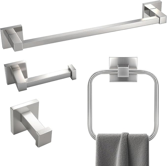 Brushed Nickel Bathroom Hardware Set 4 Piece, Towel Rack Set for Bathroom, Towel Bar Toilet Paper Holder Set SUS304 Stainless Steel -18In Towel Bar, Paper Toilet Holder, Square Towel Ring, Towel Hook