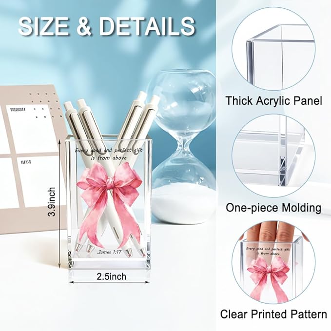 Every Good And Perfect Gifts Is From Above Acrylic Cosmetic Holder, Pink Bow Clear Makeup Brush Holder Countertop, James 1:17 Christian Bible Verses Birthday Gifts for Women Girlfriend Her
