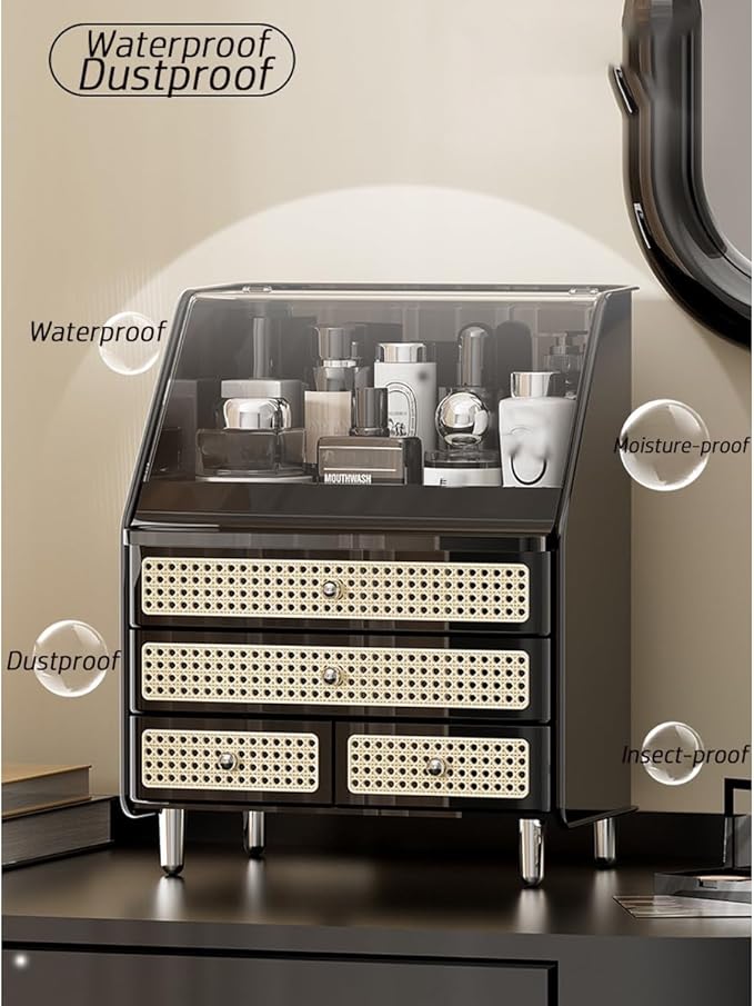 Large Cosmetic Storage Box Dustproof And Waterproof. Display Case with Drawers Countertop Vanity Organizer for Skincare, Lipsticks, Perfume – Bathroom Cosmetic Storage Display Box (Black)