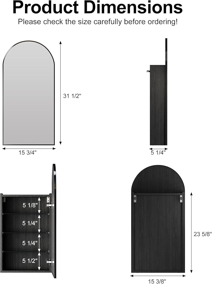 Black Arched Medicine Cabinets with Mirror,Bathroom Mirror Cabinet with Storage,Brushed Black Arch Medicine Cabinet Surface Mount Only,Right Hinges,16 x32 Inch