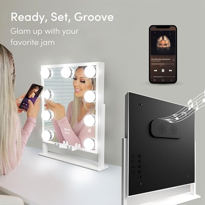 Fancii Vanity Mirror with Lights, BT Speaker, Wireless Charging - Detachable 10X Magnifying Mirror, 9 Hollywood Bulbs, LED Lighted Makeup Mirror with Phone Stand, 3 Color Modes, Adjustable Tilt