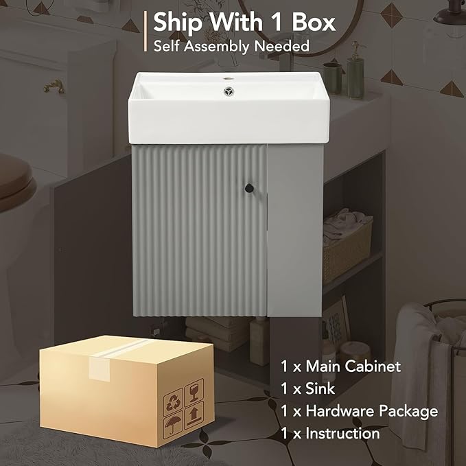 Virubi 21.6 in Floating Bathroom Vanity with Sink,Soft Closing Doors,Solid Wood Frame & MDF Modern Single Small Bathroom Vanity Cabinet with Open Shelf,Wall Mounted (Grey,Right Shelves)