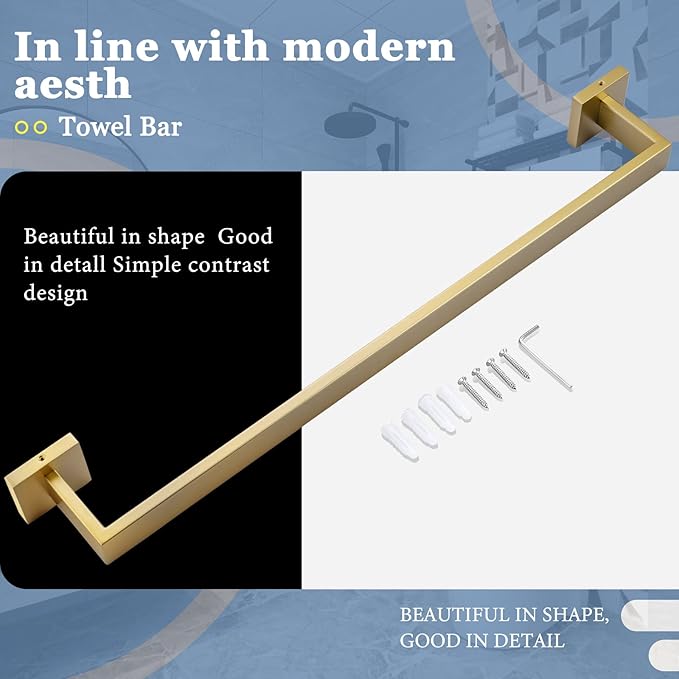 TQKAG Single Towel Bar Brushed Gold 23.6 Inch Bathroom Towel Holder Rail Stainless Steel Wall Mounted Bath Towel Hanger.