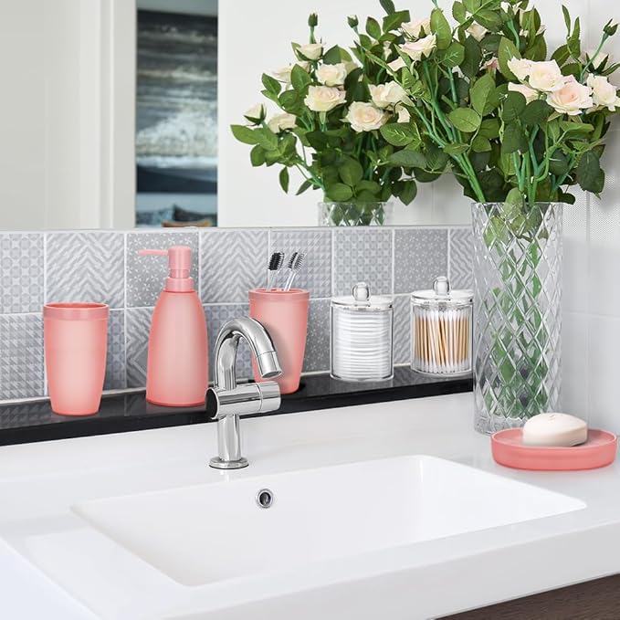 OTOSTAR Bathroom Accessory Set 8 Pcs Pink Bathroom Accessories Set Bathroom Set with Trash Can Soap Dispenser Toothbrush Holder Tumbler Soap Dish Toilet Brush Holder Qtip Holder (Pink)