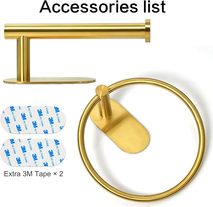 HouseAid Self Adhesive Towel Ring and Toilet Paper Holder Set, Stainless Steel No Drilling Hand Towel Holder Kit for Bathroom, Brushed Gold (2 Pieces)