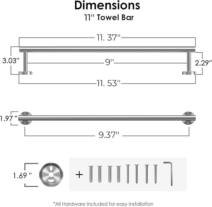 FORIOUS Towel Racks for Bathroom Wall Mounted, Stainless Steel Bathroom Towel Rack 11 Inch, Includes Wall Mounting Hardware (Brushed Nickel, Hanging Space 9-Inch)